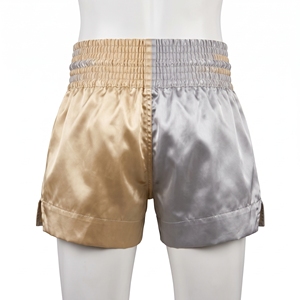 Pantalones Cortos de Artes Marciales Muay Thai de Satén, Dos Tonos, Plateado y Dorado, con Parche Bordado de Fénix, Cintura a Rayas, Logotipo Personalizado - Product Image 2