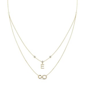 Colgante de doble capa con dije de la letra E y dije de infinito, plata 925, moissanita. - Product Image 1