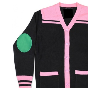 Cárdigan de punto personalizado con logo bordado, informal, con botones, cuello en V, manga larga, rosa, negro, liso, para mujer, estilo universitario. - Product Image 4