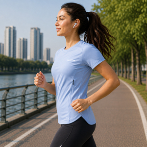 T-shirt de sport personnalisé pour femme, coupe ajustée, col rond, manches courtes, séchage rapide, respirant, écologique, compression, pour la course à pied, la gym, le yoga - Product Image 4