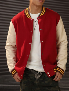 Blouson universitaire unisexe rouge avec bandes jaunes sur les manches, col en V, simple boutonnage, réversible, coupe-vent, pour l'hiver décontracté - Product Image 6