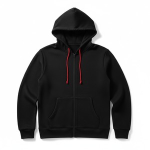 High Quality Custom Logo Men Unisex Heavyweight Cotton Polyester Fleece Zip Up <b>Hoodie</b> <b>Plain</b> Black Sweatshirt With Red Drawstring - Product Image 1