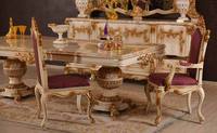 Ensemble de table à manger ronde convertible en bois massif moderne italien, 4 chaises, revêtement en velours rouge, sculpture dorée, meubles faits à la main pour la maison