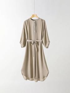 Abaya Femme Nouveau Design Exquis 100% Soie Véritable Manches Lanterne Robe Longue Unie Ceinturée Printemps-Été 2026 - Product Image 6