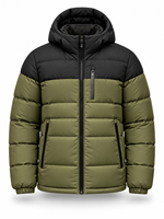 Veste matelassée à capuche pour homme, vert olive, imperméable, coupe-vent, hiver, décontractée, fermeture éclair sur le devant, logo, rembourrage en polyester, longueur normale
