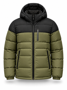 Veste matelassée à capuche pour homme, vert olive, imperméable, séchage rapide, coupe-vent, hiver, style décontracté chic, fermeture éclair sur le devant, logo, rembourrage en polyester - Product Image 1