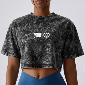 Wholesale 100% Cotton Summer Crop Top Women's T-<b>shirt</b> Acid Washed Oversized Drop Shoulder Eco-Friendly Quick Dry Appliques - Product Image 4