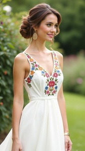Vestido Maxi Blanco sin Mangas con Corte en A para Mujer, Escote Profundo en V y Bordado Floral Intrincado Multicolor, Vestido Maxi Largo - Product Image 2