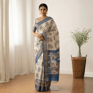 Sari en coton Kalamkari bleu ivoire, imprimé à la main, style traditionnel, vêtement ethnique pour femmes, disponible à la vente, directement de l'usine. - Product Image 1