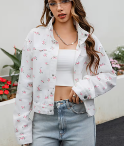 Women's Floral Print Denim Breathable Zip-Up <b>Jacket</b> Formal Spring Outerwear Regular Fit White with <b>Pink</b> Flowers Rhinestone - Product Image 3