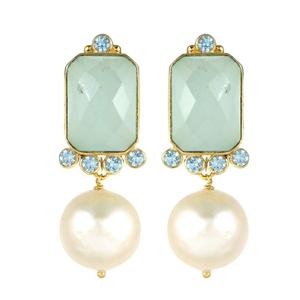 Wholesale Price Chalcedony, Pearl and Blue Topaz Gold plated brass <b>earrings</b>, Statement everyday wear jewelry - Product Image 1