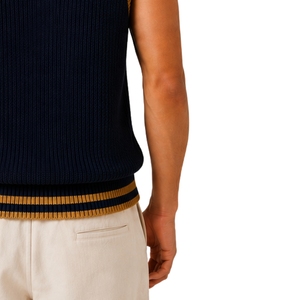<b>Mens</b> Navy Blue Mustard Contrast Stripe Summer Knit Sweater Vest V Neck <b>Sleeveless</b> <b>Pullover</b> Casual Lightweight Custom Logo OEM - Product Image 5