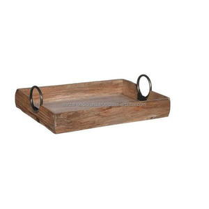Plateau de service rectangulaire en bois d'acacia avec poignées couleur bois naturel pour les hôtels et la vaisselle - Product Image 1
