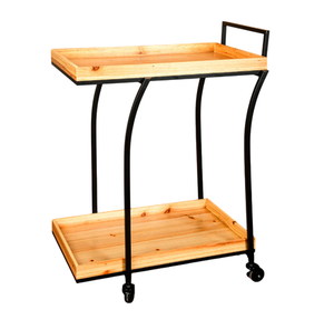 Carrito de Servicio Industrial Metálico para Hotel con 2 Estantes de Madera y 4 Ruedas Giratorias, Mueble Comercial Resistente - Product Image 1