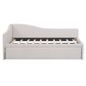 Divano letto imbottito a L beige, misura twin, con letto estraibile a scomparsa, comodo divano letto - Product Image 6