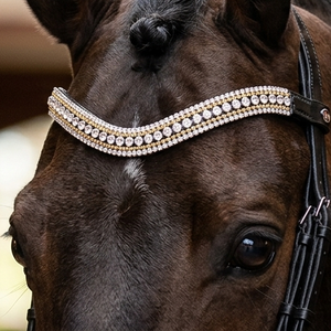Fronture de Cheval Confortable en Cuir Rembourré, Courbée en U, Ornée de Strass en Cristal Transparent Topaze Dorée de Luxe, pour Dressage et Activités Extérieures - Product Image 1