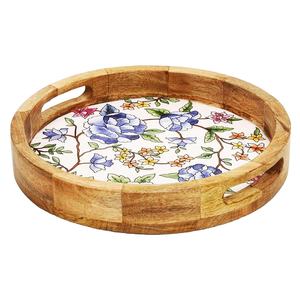 Bandeja redonda de madera hecha a mano impresa con asa Fabricante mayorista Diseño personalizado e impresión de logotipos. - Product Image 1