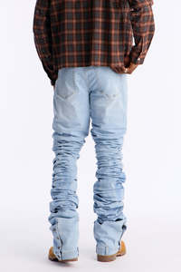 Jean en denim droit pour homme, bleu clair, froncé, taille mi-haute, coupe droite, délavage foncé, en coton, style décontracté vintage streetwear, collection printemps - Product Image 3