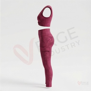 Conjunto de Yoga de 2 Piezas para Mujer, Top Corto con Cuello en V y Fruncido Color Borgoña, Leggings de Cintura Alta - Product Image 3