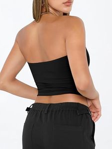 <b>Women's</b> <b>Black</b> Strapless Knitted <b>Tank</b> <b>Top</b> Solid Color Breathable Short Length Ruched Design Sexy Club Style - Product Image 4