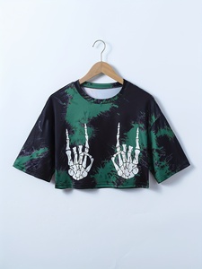 Camiseta Corta de Mujer con Estampado de Calavera Tie Dye, Corte Holgado, Manga Corta, Cuello Redondo, Estilo Gótico, para Verano - Product Image 1