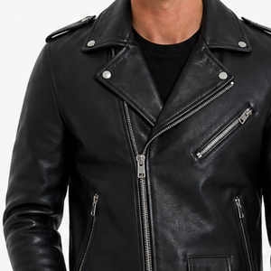 Veste moto en cuir véritable noir pour homme, col rabattu, fermeture éclair, coupe ajustée, longueur normale, couleur unie, style automne - Product Image 3