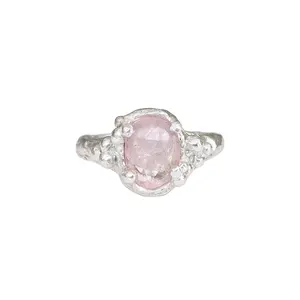 巨大的天然粉色玫瑰石英戒指925纯银2月诞生石手工订婚礼物