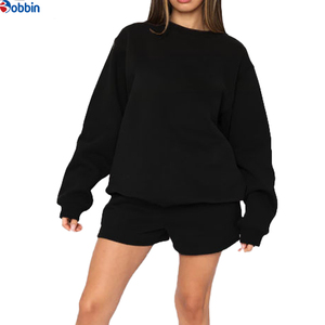Customizable Women's Solid 2-Piece Sweatshirt & Shorts <b>Set</b> Full Sleeve Crew Neck Loose Fit Casual All Seasons <b>Knitted</b> Cotton - Product Image 1