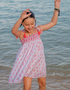 Wonderful Girls Floral Printed Light Weight Sleeveless Cotton Dress With Loose Fitting & Pompom Straps To Tighten Up The Dress - Product Image 1