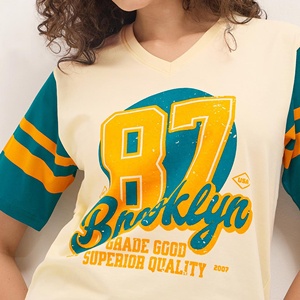 New Arrival Women's V-Neck Contrast Sleeve <b>T</b>-<b>Shirt</b> Loose Fit Casual Short Sleeve Cotton Jersey Spring Summer Diamonds <b>Sequined</b> - Product Image 5
