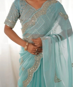 Sari Bollywood Jimmy Jimmy pour femme, brodé et orné de motifs floraux, avec blouse non cousue (bleu) - Product Image 4
