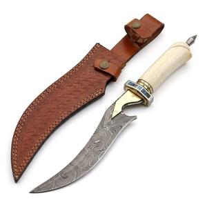 Cuchillo utilitario de hoja fija para exteriores de 26 cm, hecho a mano en acero inoxidable, con mango de hueso tallado y funda de cuero cosida. - Product Image 1