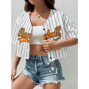 Women's White <b>Striped</b> Baseball Jersey <b>Crop</b> <b>Top</b> Short Sleeve V-Neck Button Front Breathable Summer Apparel Print OEM ODM 2026 - Product Image 3