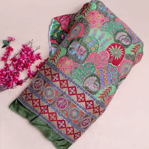 Royal Elephant Motif Silver <b>Sequined</b> Peacock Palm Tree Floral Scallop Arches Jharokha <b>Art</b> Design Geometric <b>Sequined</b> Border Crepe - Product Image 6