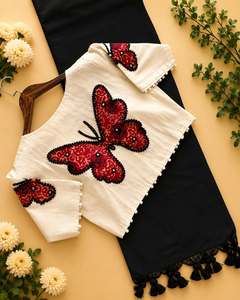 Traditional Indian Pakistani Cotton Ethnic <b>Blouse</b> For Girls With <b>Red</b> Butterfly Embroidery Regular Fit All Seasons - Product Image 1