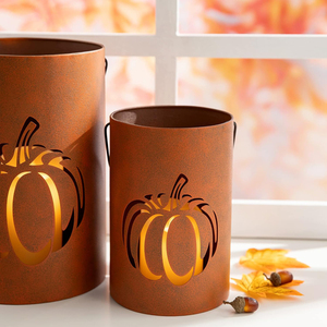 Set of 3 Rustic Galvanized Metal <b>Lantern</b> Pumpkin Decorative Halloween Votive Candle Holder <b>Lanterns</b> Indoor Outdoor Decoration - Product Image 6