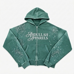 Sudadera con capucha verde para hombre de Abdullah Apparels, con cremallera, estampado de estrellas con efecto lavado ácido y bolsillos. - Product Image 1