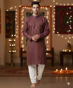 Tenue Traditionnelle Ethnique pour Hommes, Kurta Pyjama en Soie Jacquard avec Broderie Lourde, Coton Raymond, Coupe Ample, Infroissable, pour Mariage et Diwali - Product Image 4