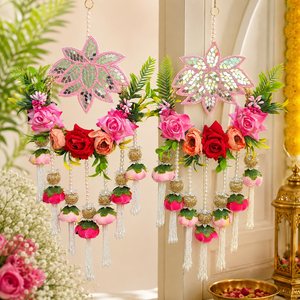 Adorno de Pared Floral con Perlas, Par de Espejos de Loto Rosa, Borla de Rosa, Decoración para Bodas, Festivales y Hogar - Product Image 1