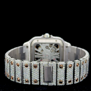 Premium <b>Rectangle</b> Dial Battery Operated Skel eton Rose <b>Gold</b> two Tone Moissanite Studded <b>Watch</b> with Box Diamond tester certified - Product Image 4