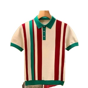 เสื้อโปโลถักเข้ารูปสำหรับผู้ชาย, สเวตเตอร์แขนสั้นบล็อกสีแนวตั้งสไตล์ลำลอง - Product Image 1