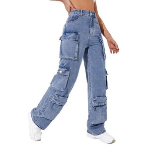 Pantalones Vaqueros Cargo de Cintura Alta para Mujer, de Pierna Ancha, con Múltiples Bolsillos, Cierre de Botones, Estilo Urbano, Personalizables - Product Image 5