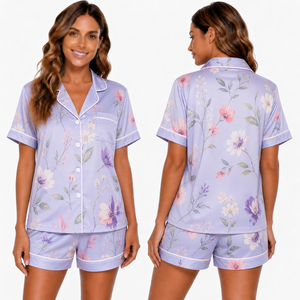 Women's Floral Print Short Sleeve Pajama <b>Set</b> With Turn-Down Collar And Button Closure Summer Sleepwear - Product Image 4