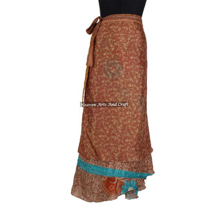 Jupe longue asymétrique pour adultes, style vintage, en soie Sari, à enrouler, double couche réversible, magique - Product Image 6