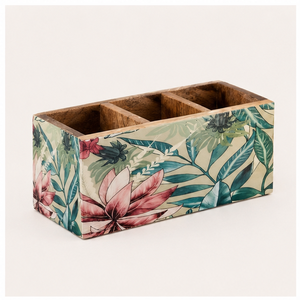 Handcrafted Mango Wood Cutlery Holder With 3 Compartments Floral <b>Printed</b> Wooden Spoon Stand For Kitchen & Dining Table Organizer - Product Image 3