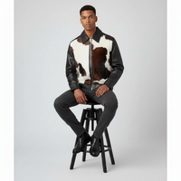Blouson Bomber Unisexe en Cuir Véritable avec Patchwork en Fourrure de Vachette, Col Rabattu, Fermeture Éclair, Style Moto Hiver, Coupe Ajustée