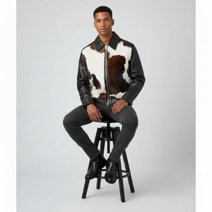 Chaqueta Bomber de Cuero Genuino para Hombre con Parches de Piel de Vaca, Cuello Camisero, Cierre de Cremallera, Estilo Motociclista, Corte Ajustado para Invierno - Product Image 1
