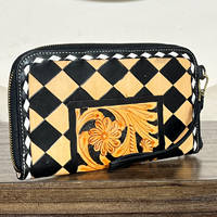 Prix d'usine en gros : Pochette à fermeture éclair en cuir véritable fait main, motif à carreaux mignon, avec design floral de luxe