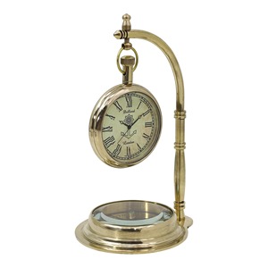 Traditional Brass Desk <b>Clock</b> With Compass Base Roman Numerals Quartz Movement Battery Operated Circular Design - Product Image 1