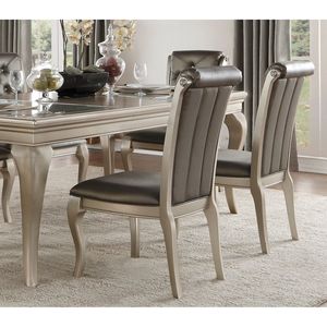 Set da Pranzo Moderno Glamour in Finitura Argento, 7 Pezzi, Stile Tradizionale, Tavolo da Pranzo con Prolunga, 6 Sedie con Bottoni in Cristallo Trapuntati - Product Image 3